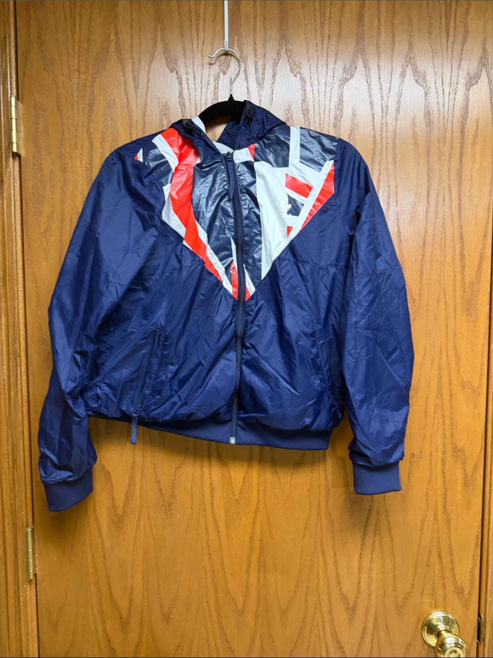 adidas Navy Hooded Windbreaker with Red & White Chevron Accents